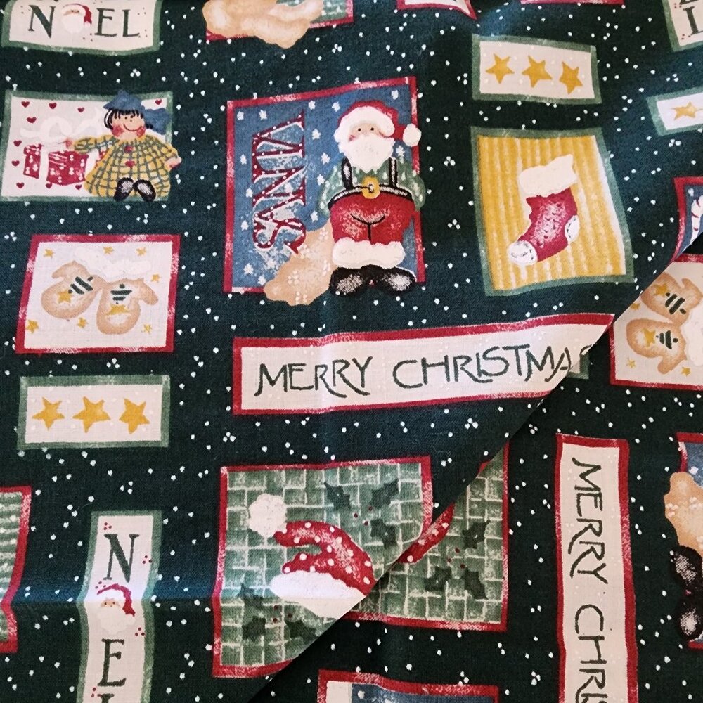 Holiday Christmas Santa Claus Joy Noel Green Cotton Print Material - 52" x 44"